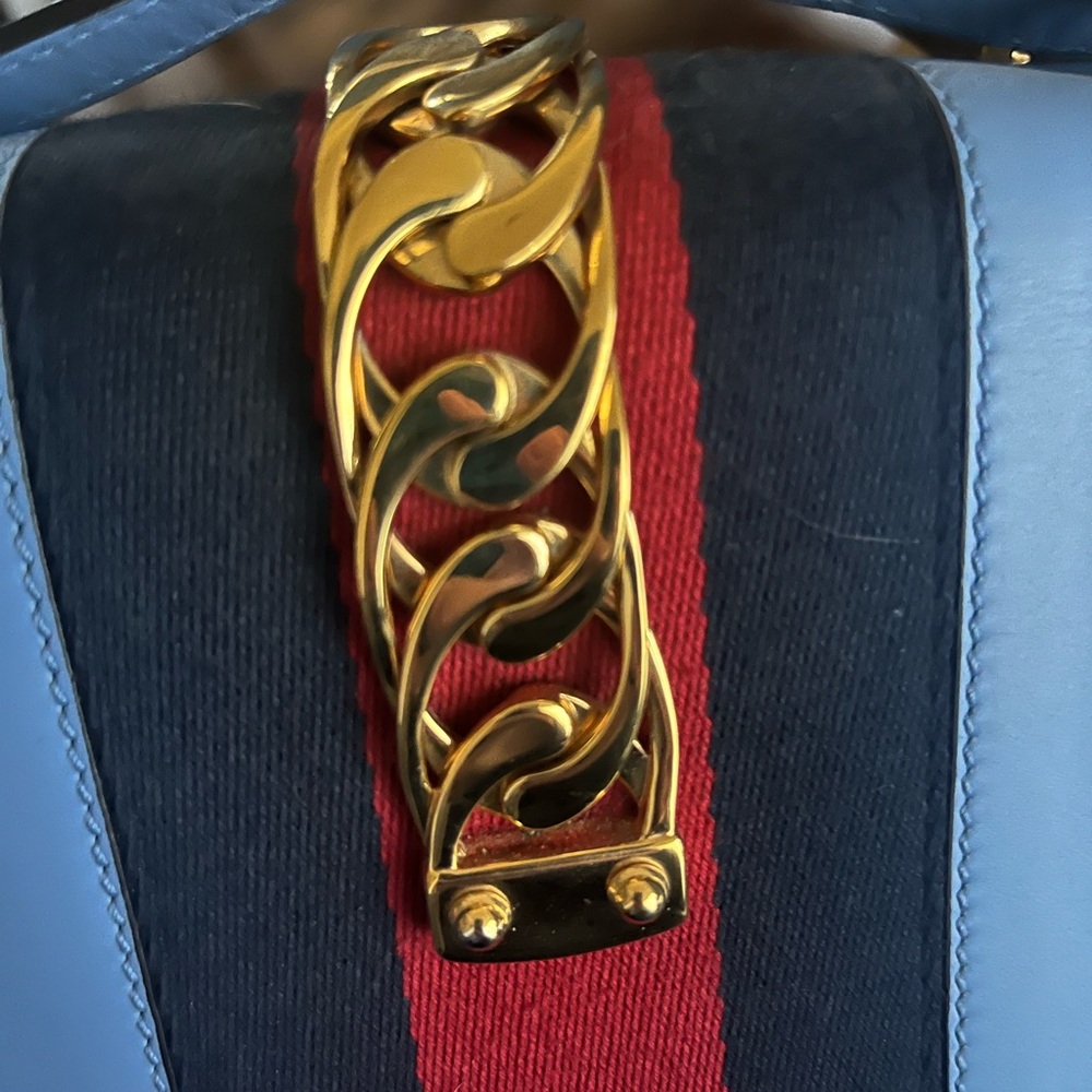 Gucci Blue and Red Shoulder Bag with Gold Chain